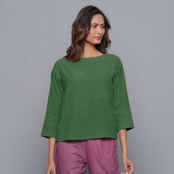 Front View of a Model wearing Moss Green Corduroy Drop Shoulder Top