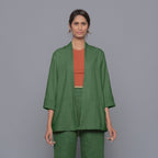 Front View of a Model wearing Moss Green Corduroy Front Open Overlay