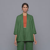 Front View of a Model wearing Moss Green Corduroy Front Open Overlay