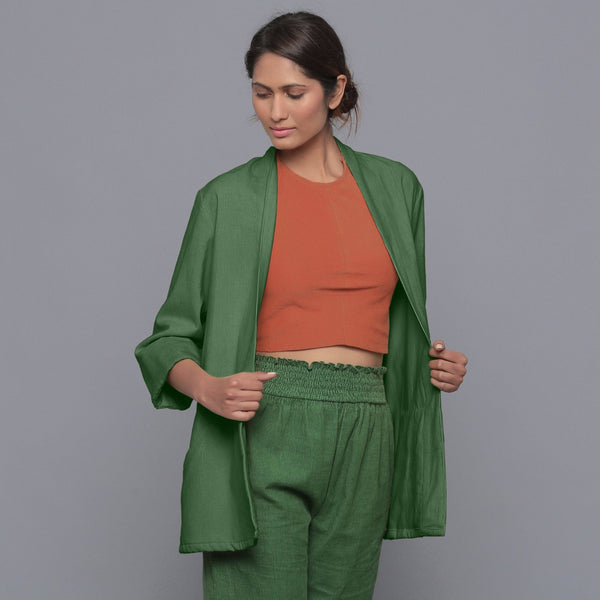 Front View of a Model wearing Moss Green Corduroy Front Open Overlay