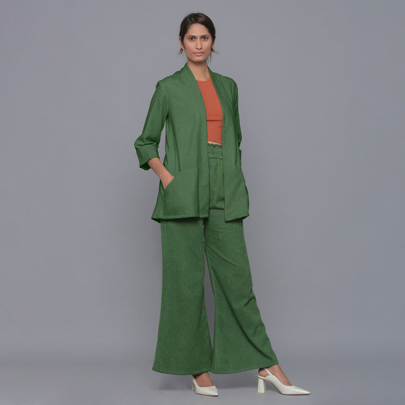 Front View of a Model wearing Moss Green Corduroy Front Open Overlay