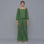 Front View of a Model wearing Moss Green Pistachio Corduroy Bohemian Top
