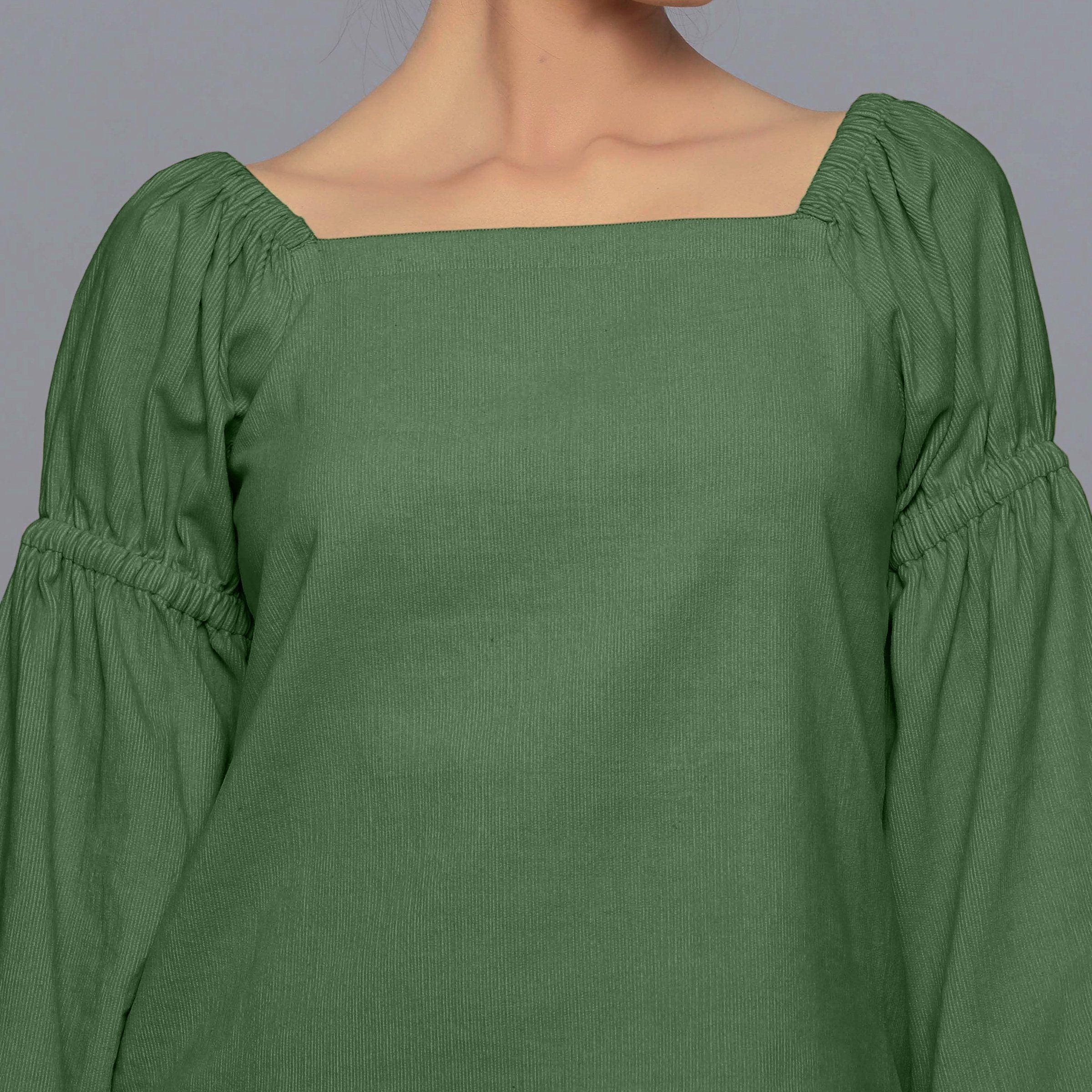 Front Detail of a Model wearing Moss Green Pistachio Corduroy Bohemian Top