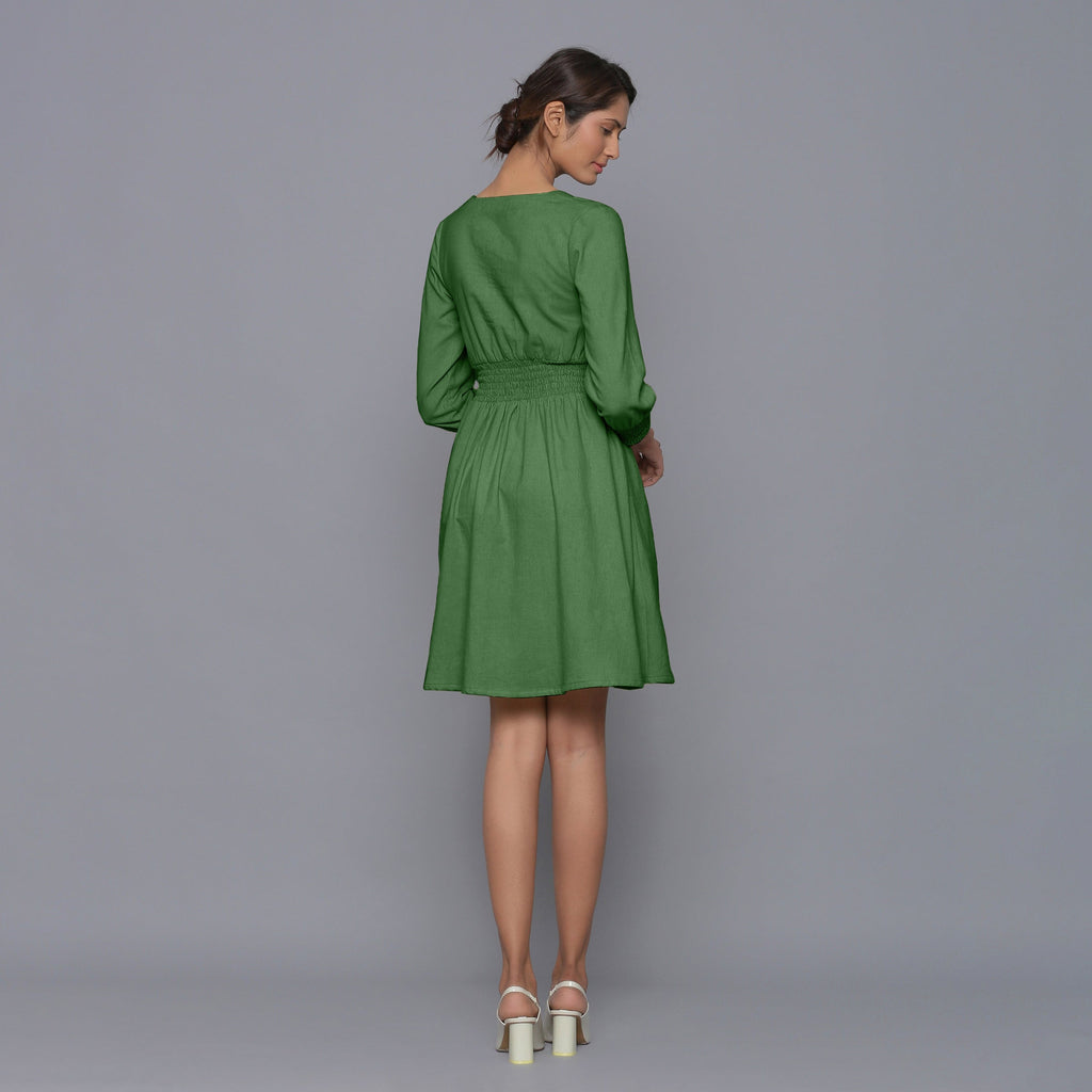 Back View of a Model wearing Moss Green V-Neck Corduroy Dress