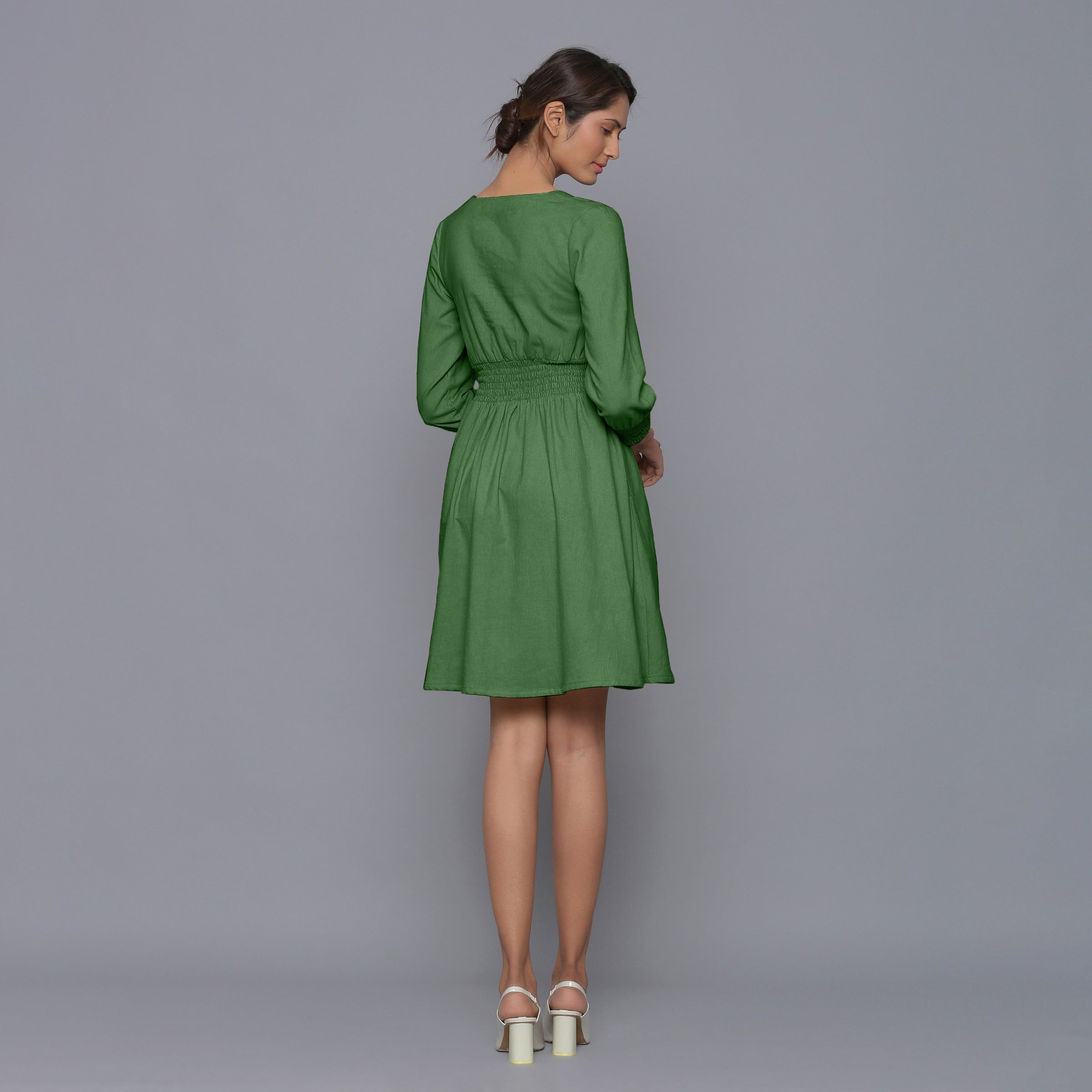 Back View of a Model wearing Moss Green V-Neck Corduroy Dress