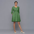 Front View of a Model wearing Moss Green V-Neck Corduroy Dress
