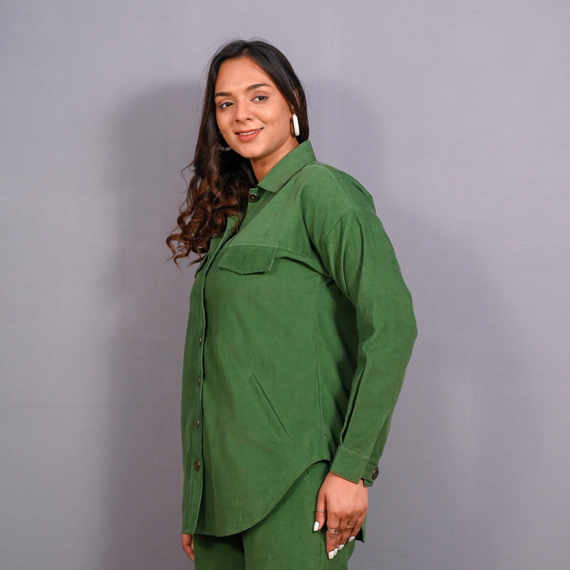 Left View of a Model wearing Moss Green Warm Cotton Corduroy Button-Down Shacket