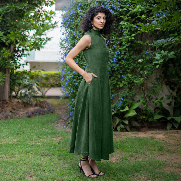 Moss Green Warm Cotton Corduroy High-Neck Sleeveless Slit Dress