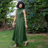 Moss Green Warm Cotton Corduroy High-Neck Sleeveless Slit Dress