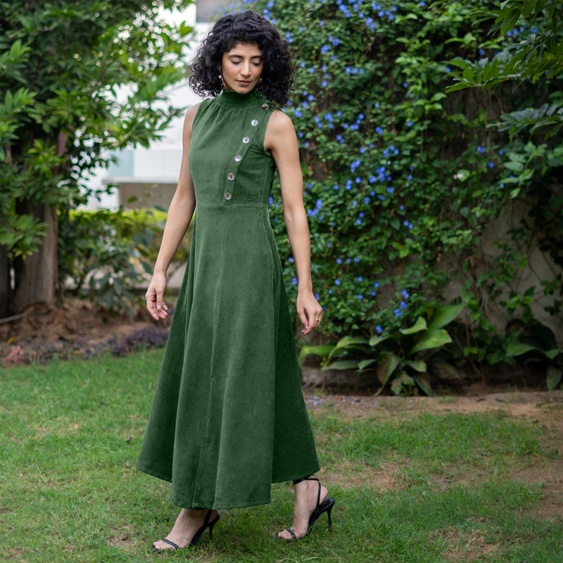 Moss Green Warm Cotton Corduroy High-Neck Sleeveless Slit Dress