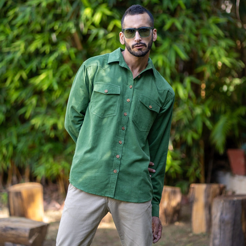 Moss Green Warm Cotton Corduroy Relaxed Fit Shirt