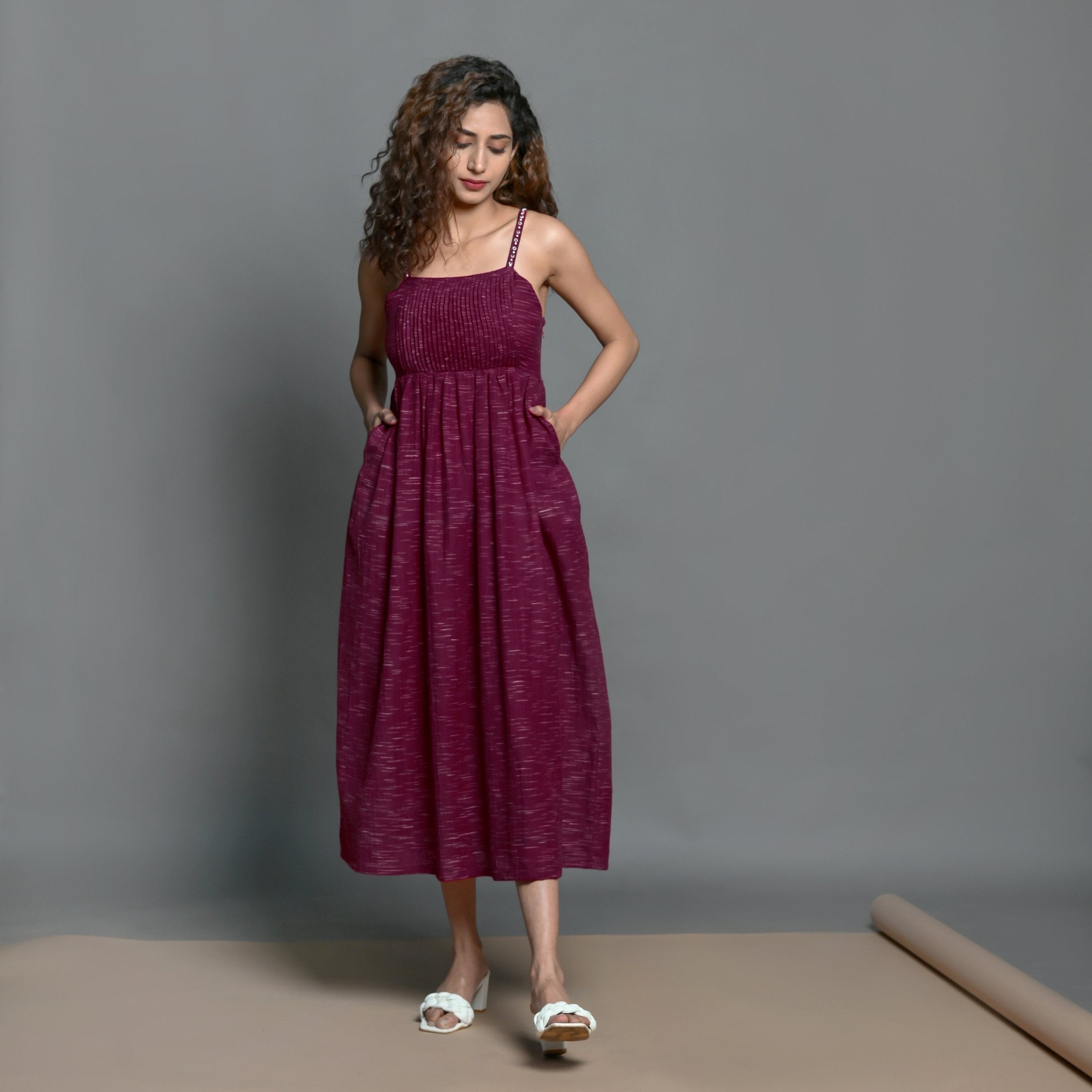 Front View of a Model wearing Mulberry Handspun Cotton Strappy Midi Gathered Dress