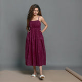 Front View of a Model wearing Mulberry Handspun Cotton Strappy Midi Gathered Dress
