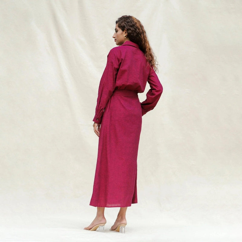 Back View of a Model wearing Mulberry Cotton Pleated Button-Down Maxi Dress