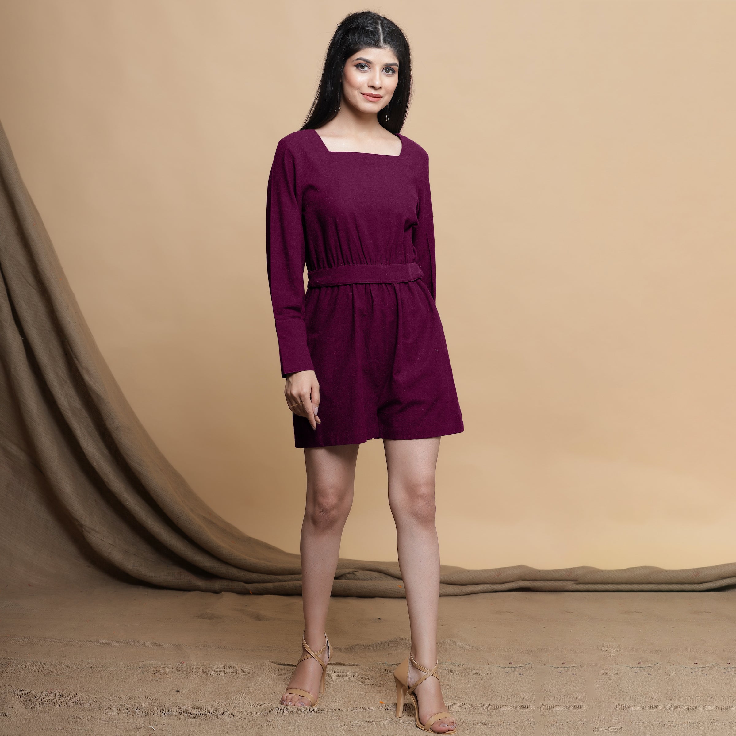 Front View of a Model wearing Mulberry Cotton Square Neck Gathered Romper