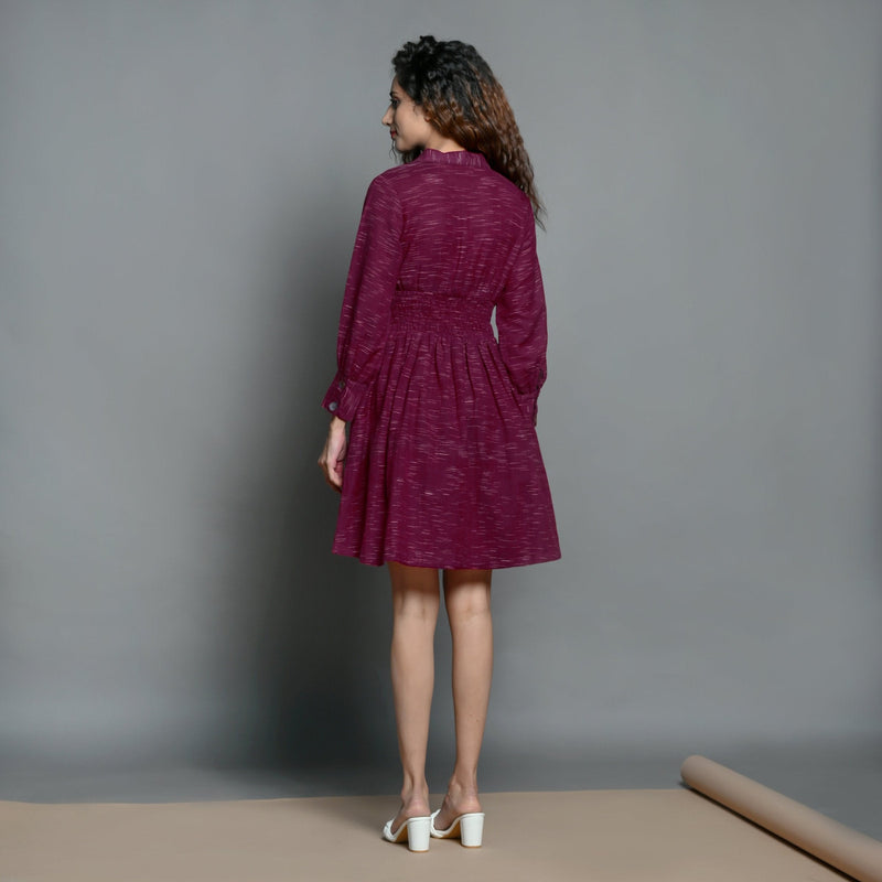 Back View of a Model wearing Mulberry Handspun Cotton Split Neck Short Skater Dress