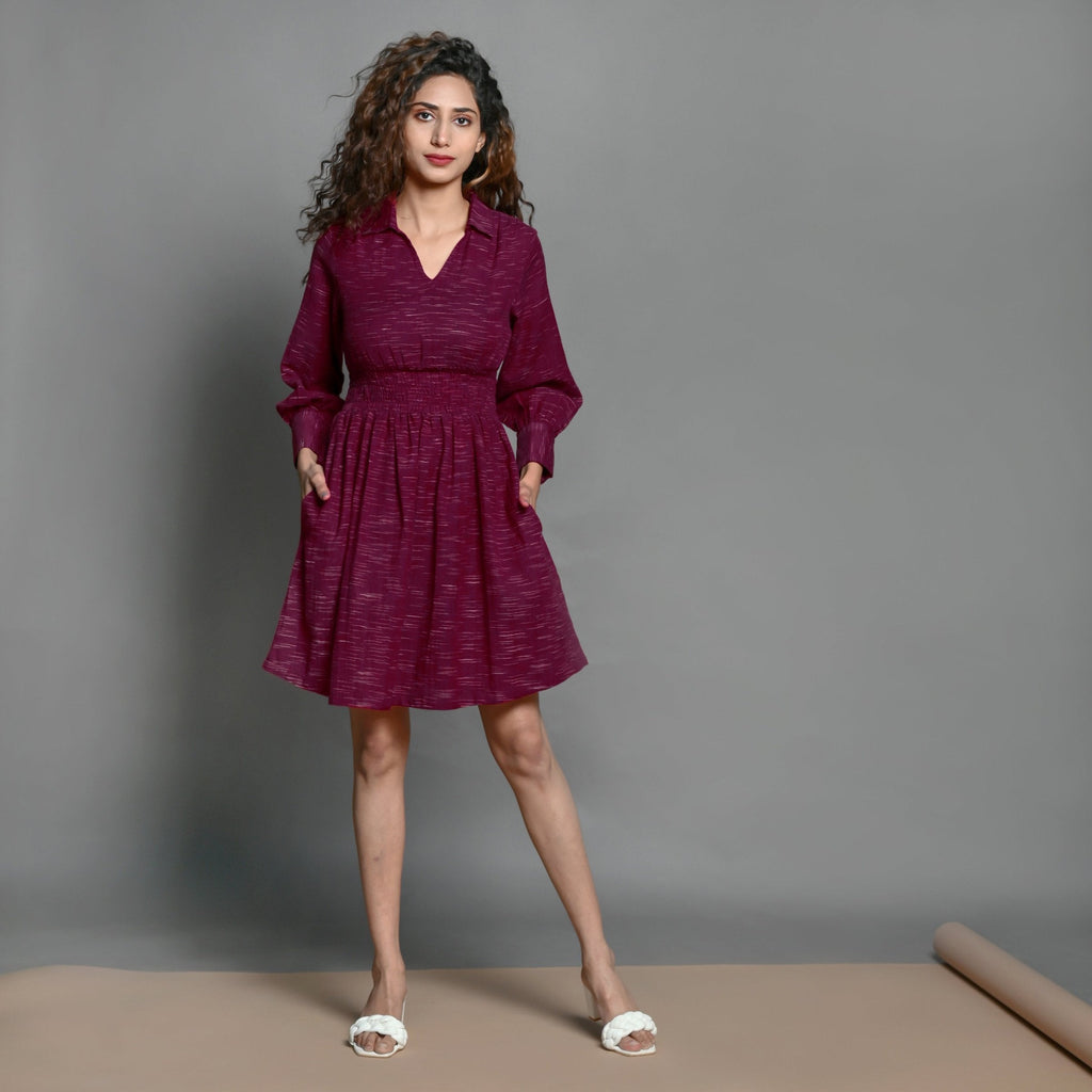 Front View of a Model wearing Mulberry Handspun Cotton Split Neck Short Skater Dress