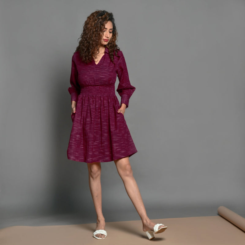 Front View of a Model wearing Mulberry Handspun Cotton Split Neck Short Skater Dress