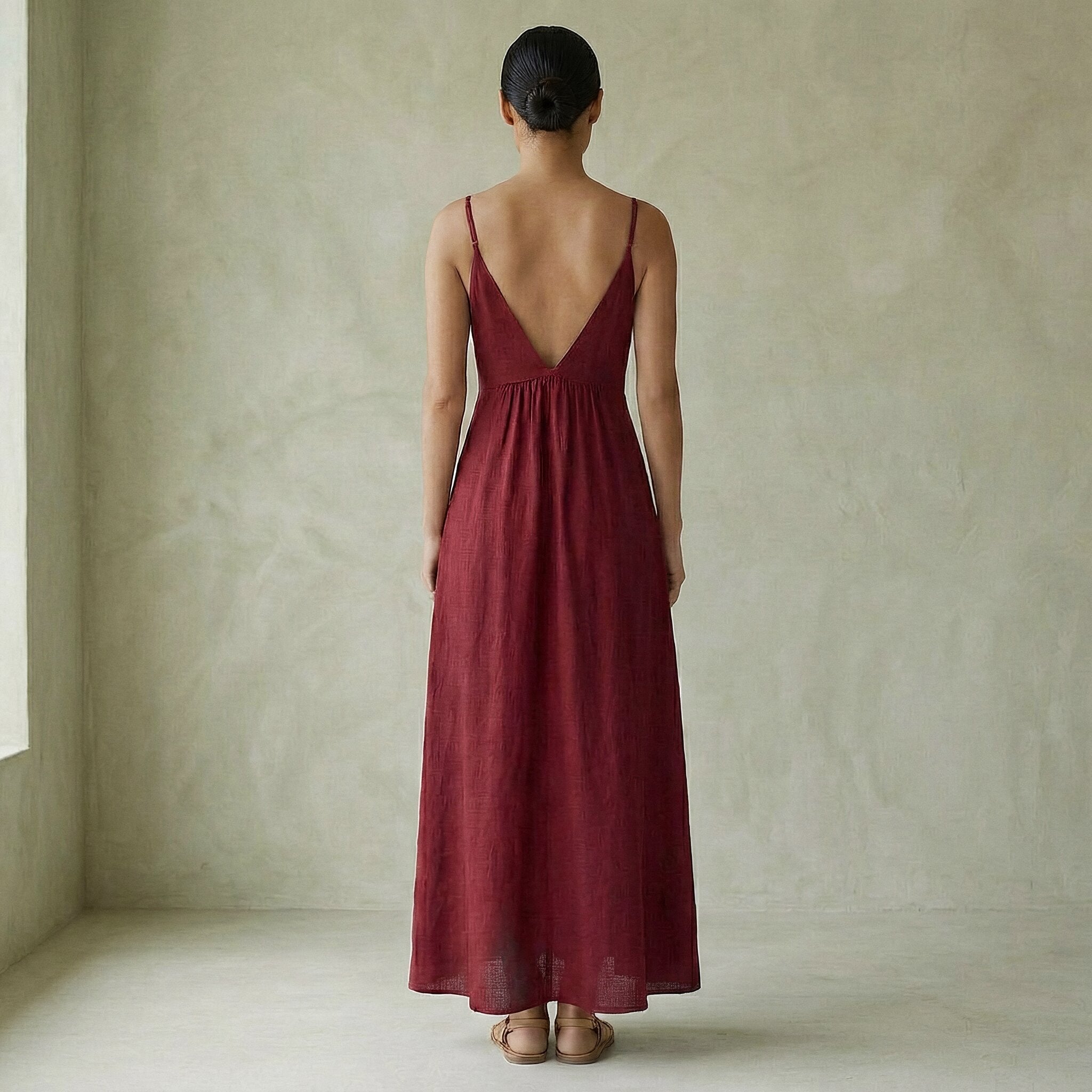 Mulberry Handspun Cotton Deep V-Neck Cami Maxi Dress