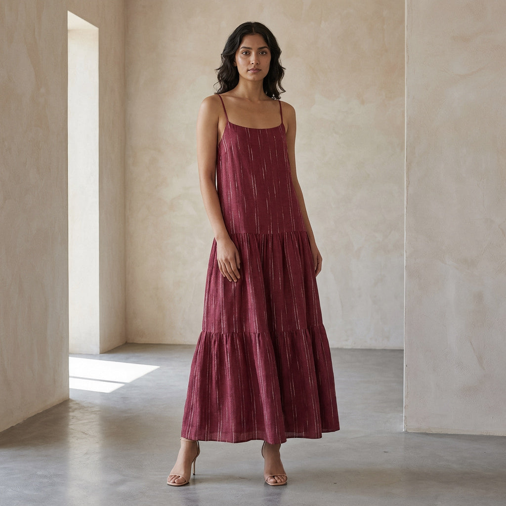 Mulberry Handspun Cotton Drop-Waist Camisole Maxi Tier Dress
