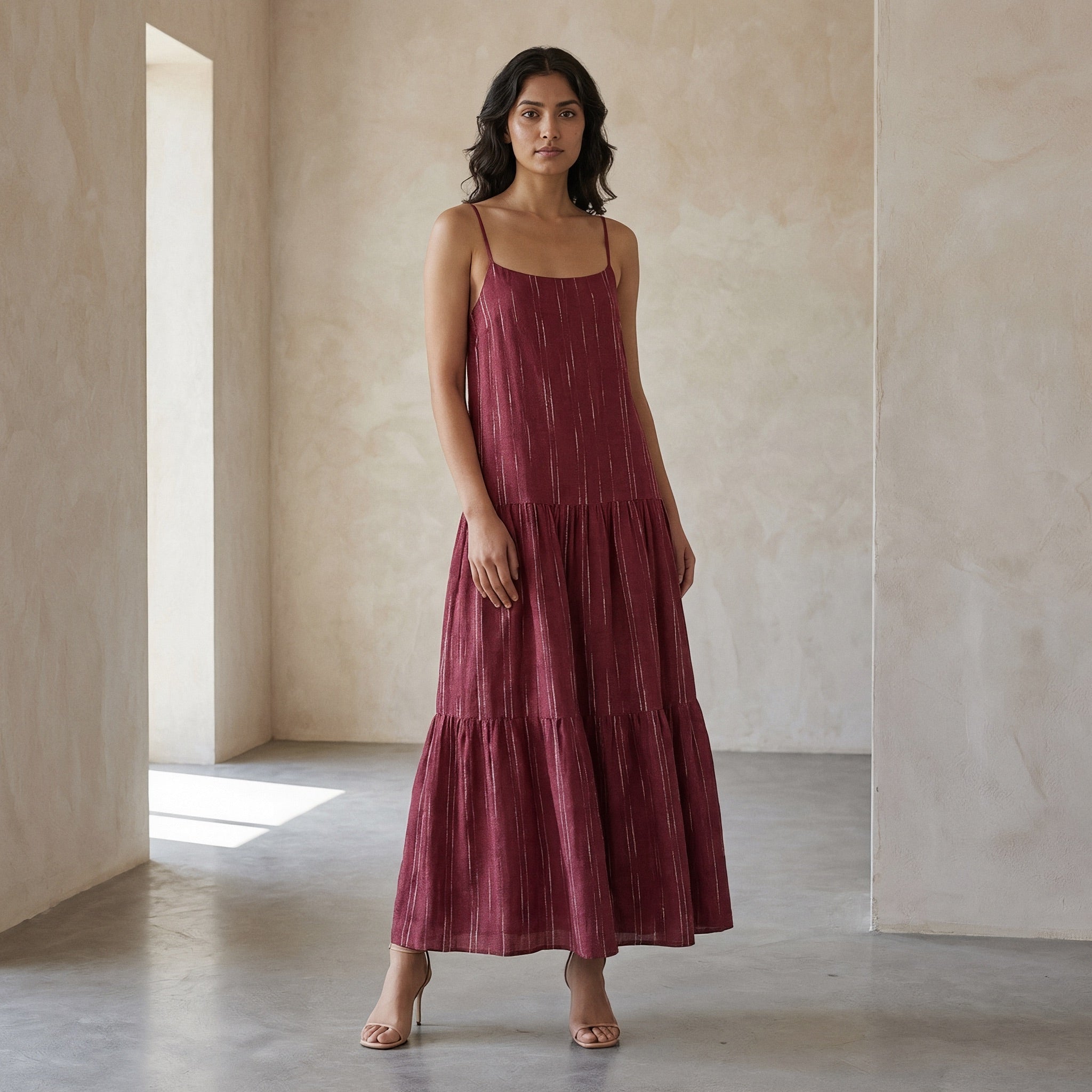 Mulberry Handspun Cotton Drop-Waist Camisole Maxi Tier Dress