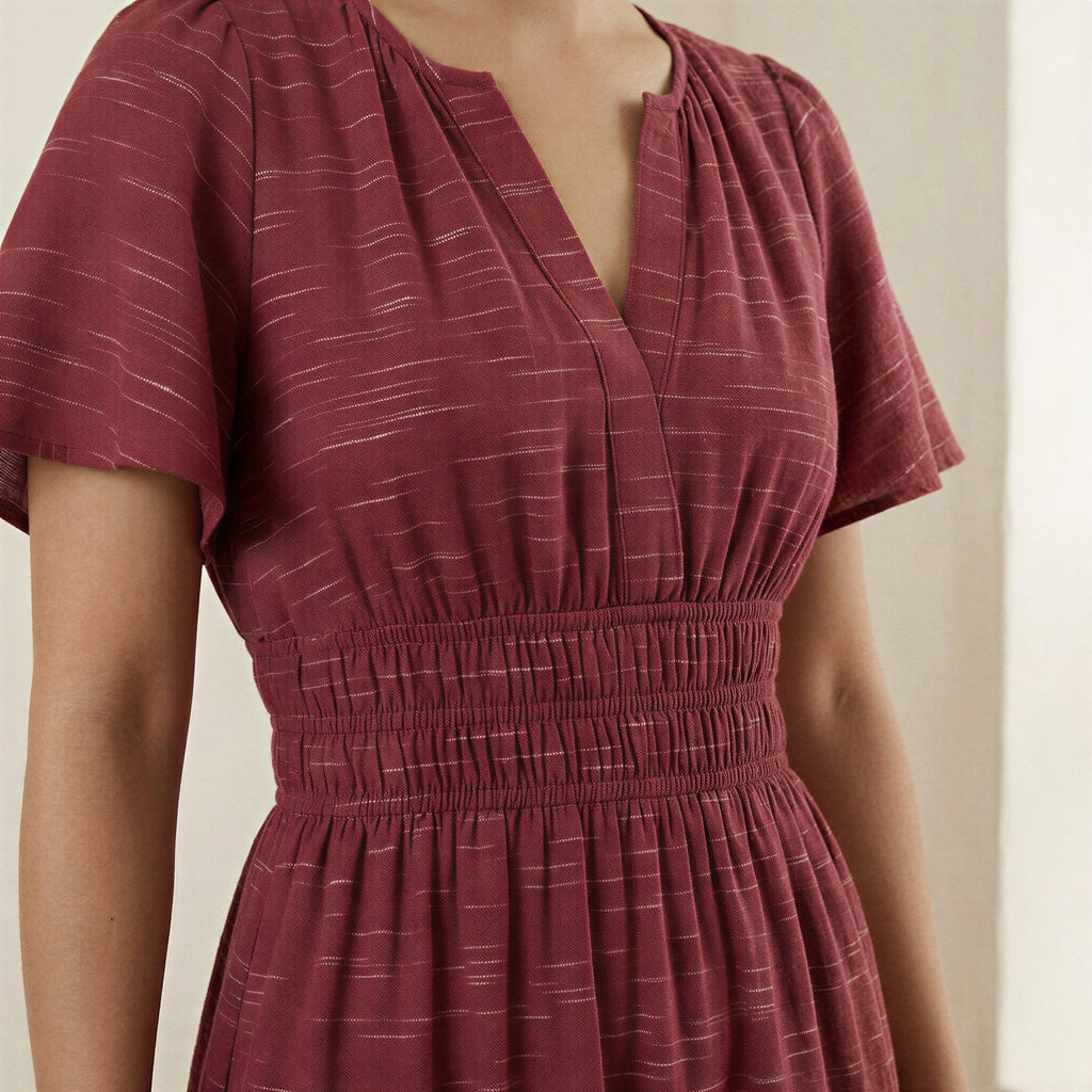 Mulberry Handspun Cotton Flutter Sleeve Tie-Back Tiered Midi Dress