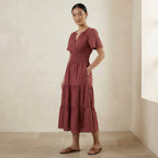 Mulberry Handspun Cotton Flutter Sleeve Tie-Back Tiered Midi Dress