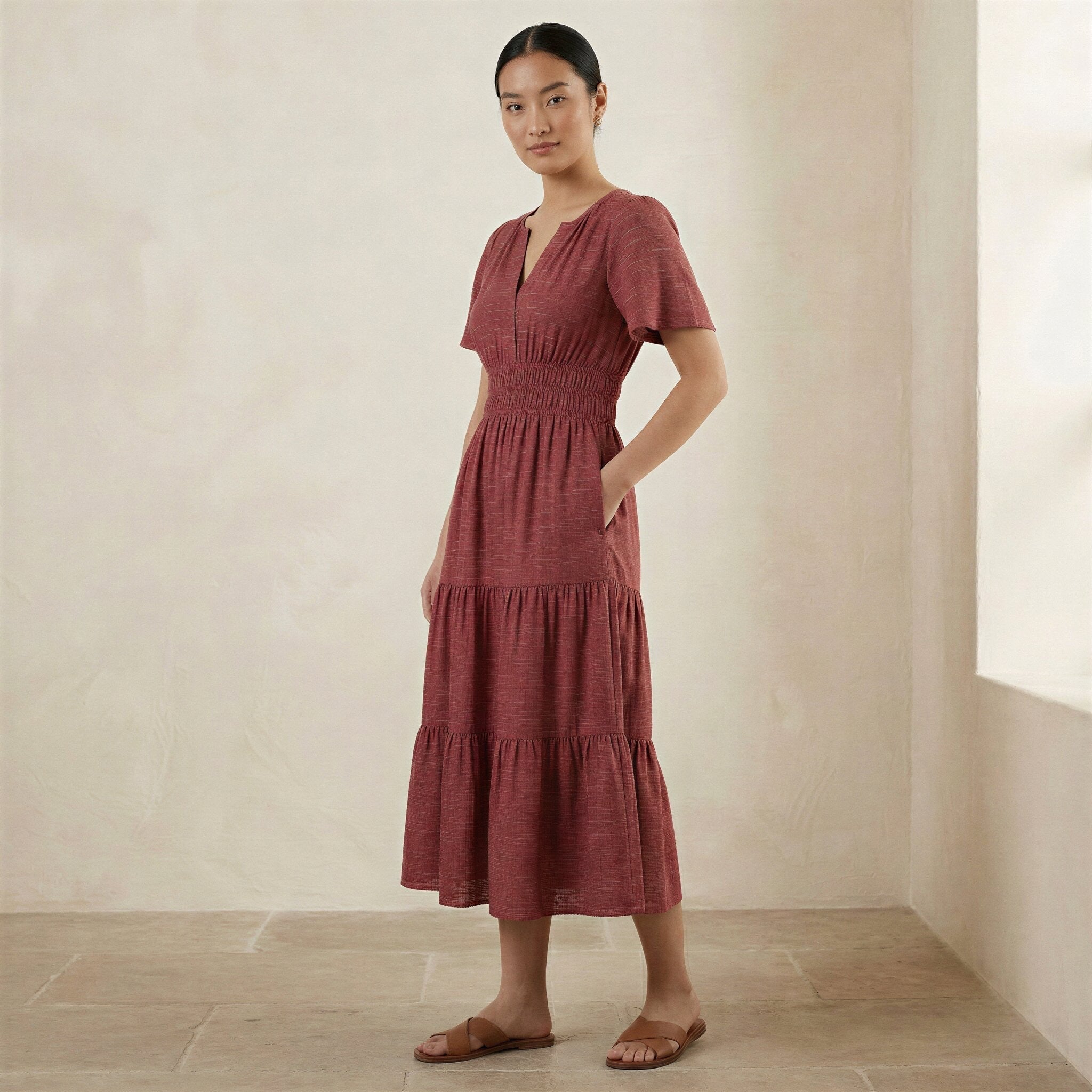 Mulberry Handspun Cotton Flutter Sleeve Tie-Back Tiered Midi Dress