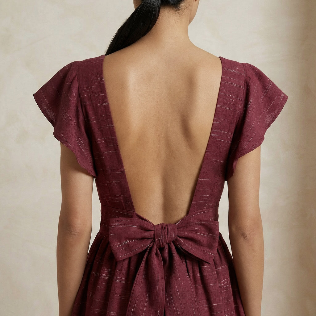 Mulberry Handspun Cotton Open-Back Fit and Flare Knee Length Dress