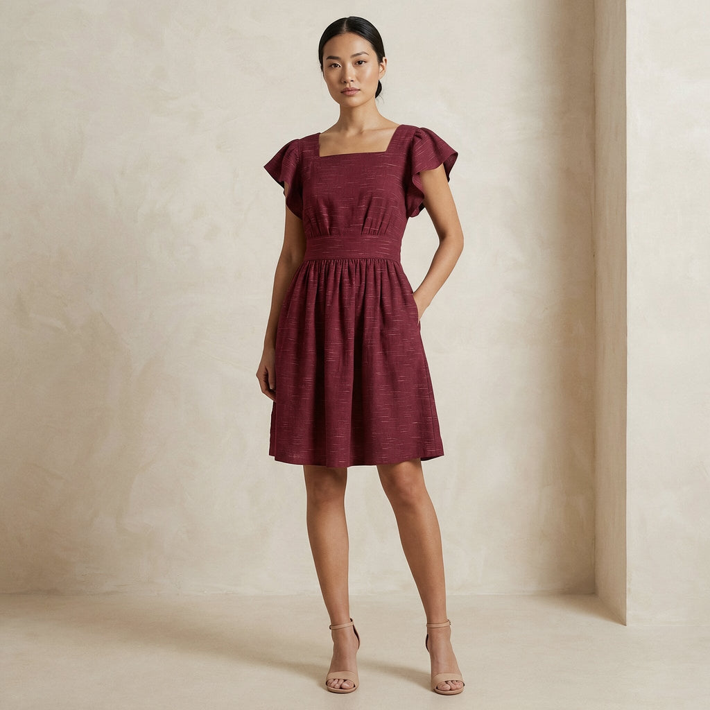 Mulberry Handspun Cotton Open-Back Fit and Flare Knee Length Dress