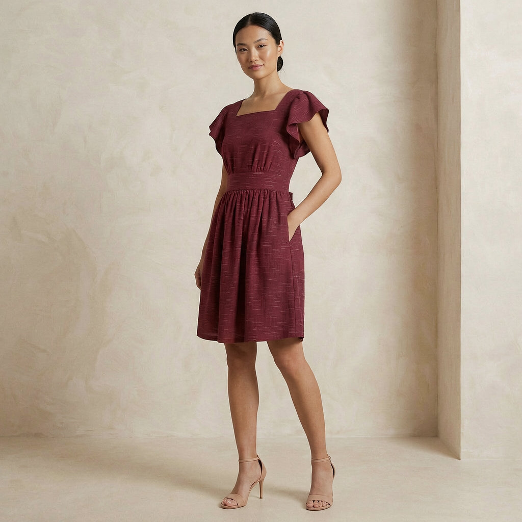 Mulberry Handspun Cotton Open-Back Fit and Flare Knee Length Dress