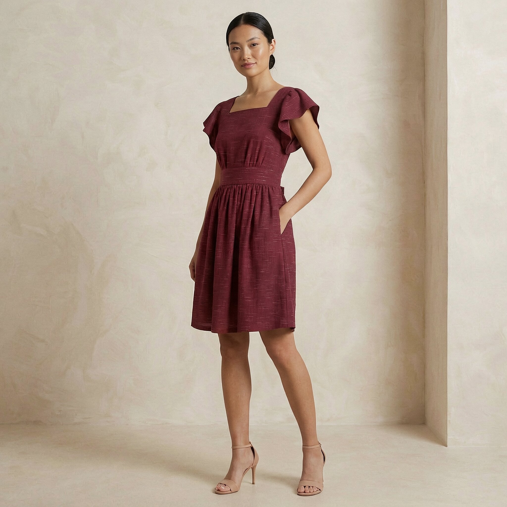 Mulberry Handspun Cotton Open-Back Fit and Flare Knee Length Dress