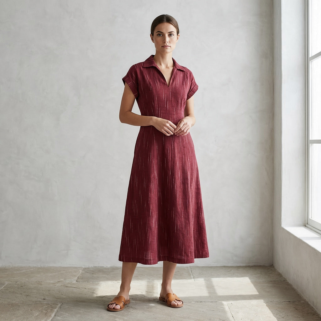 Mulberry Handspun Cotton Paneled A-Line Midi Dress