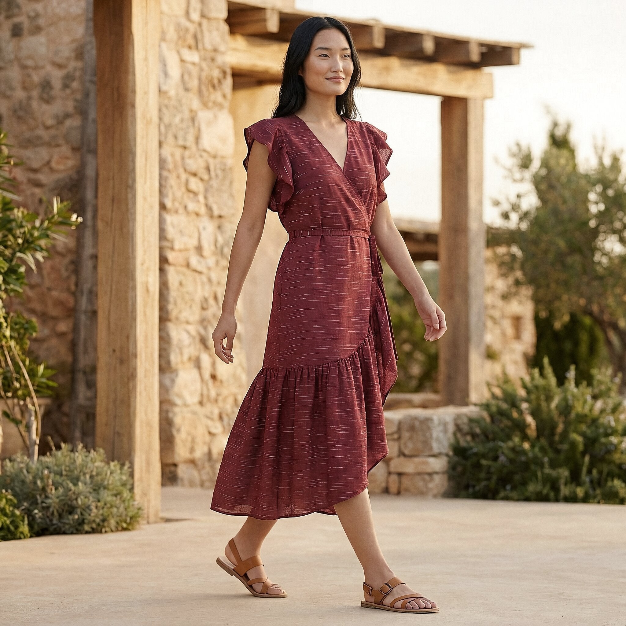 Mulberry Handspun Cotton Ruffle Midi Wrap Dress