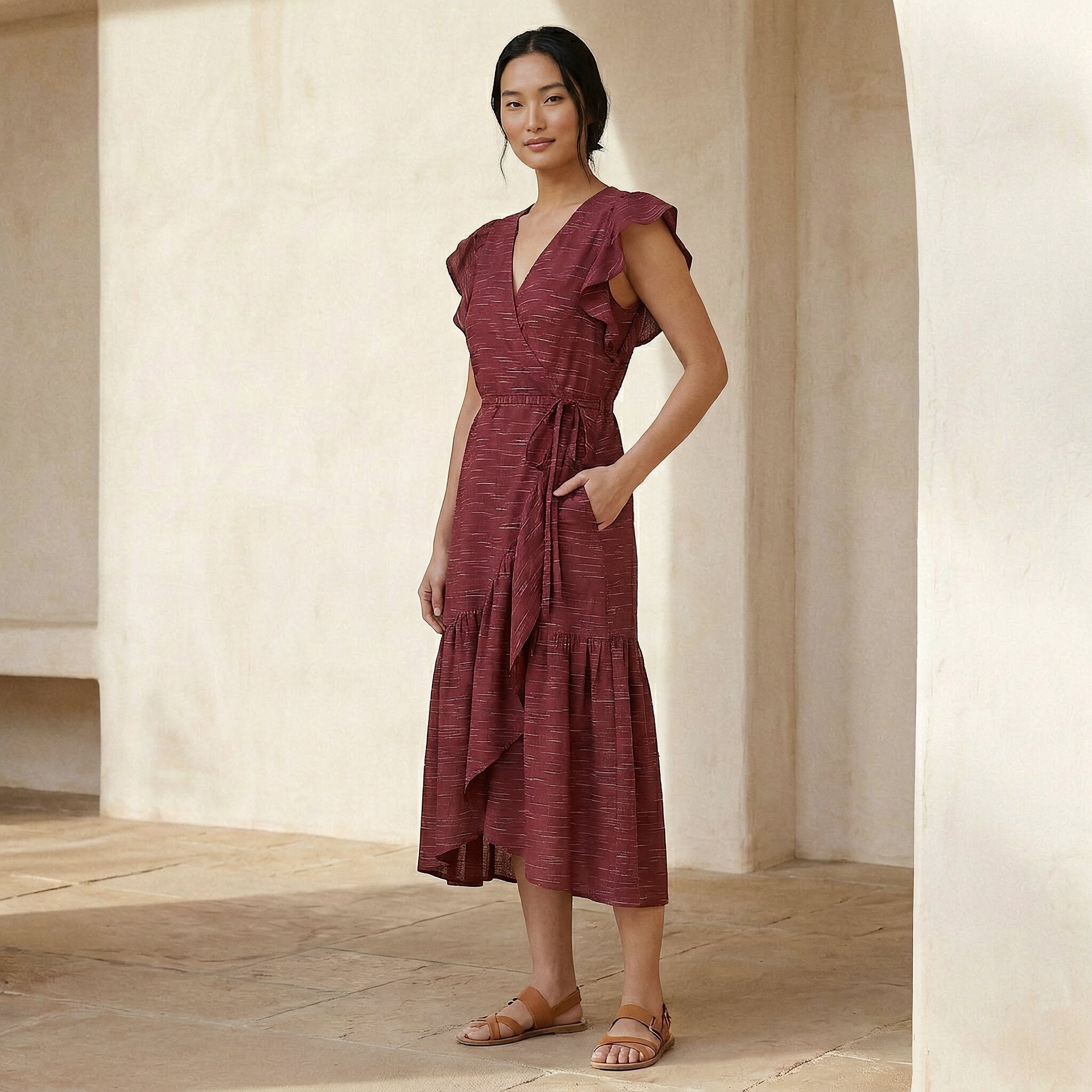 Mulberry Handspun Cotton Ruffle Midi Wrap Dress