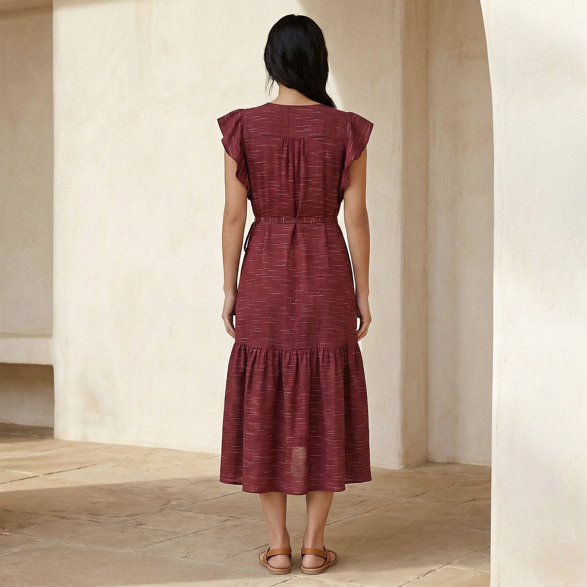 Mulberry Handspun Cotton Ruffle Midi Wrap Dress