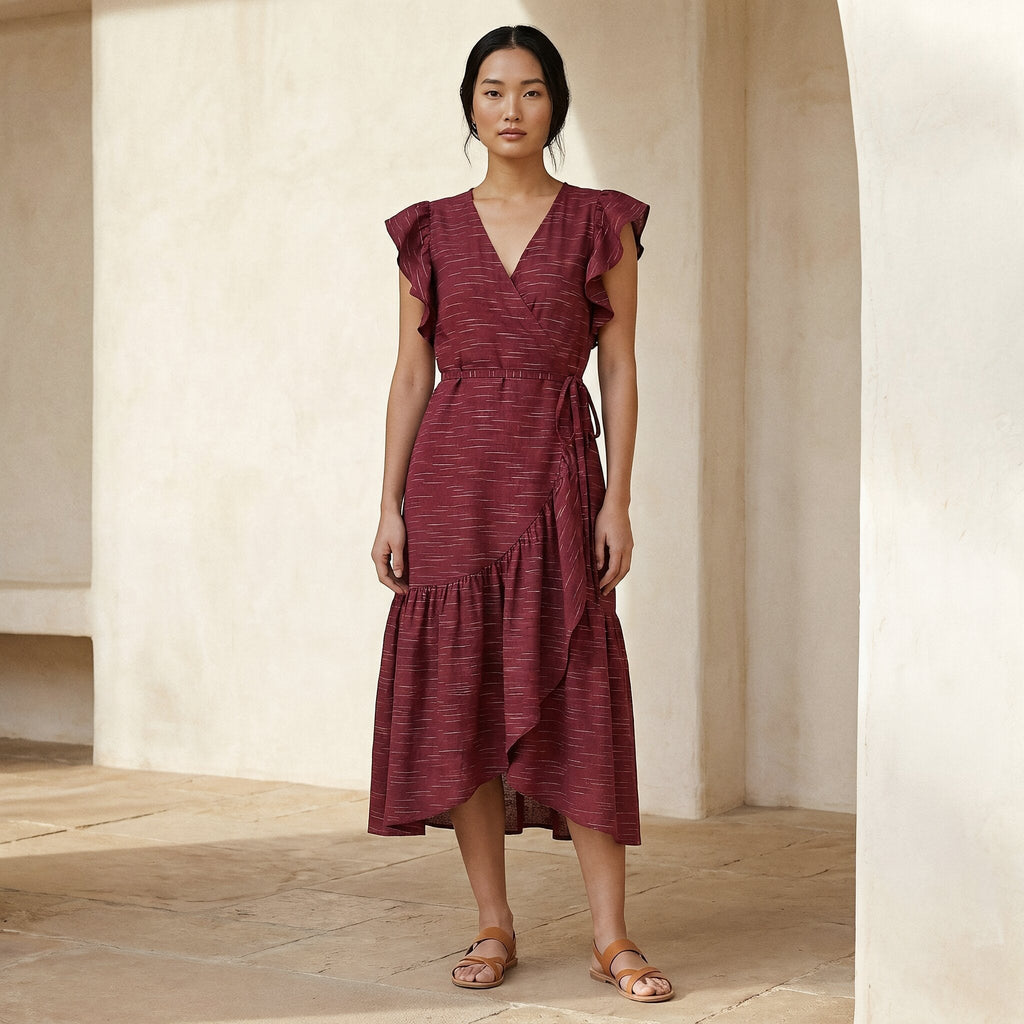 Mulberry Handspun Cotton Ruffle Midi Wrap Dress