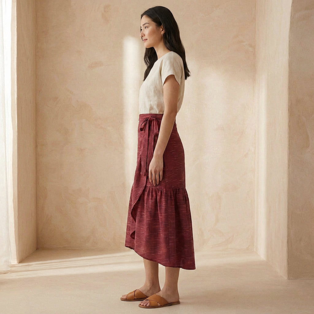 Mulberry Handspun Cotton Ruffle Midi Wrap Skirt