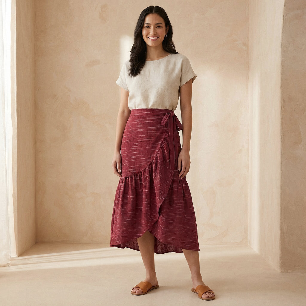 Mulberry Handspun Cotton Ruffle Midi Wrap Skirt