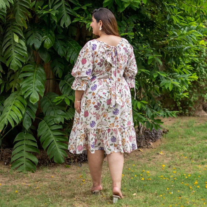 Multicolor Floral Block Print Cotton Knee Length Tier Dress