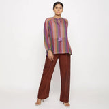 Front View of a Model wearing Multicolor Handwoven Cotton Peasant Top