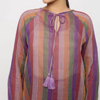 Front Detail of a Model wearing Multicolor Handwoven Cotton Peasant Top