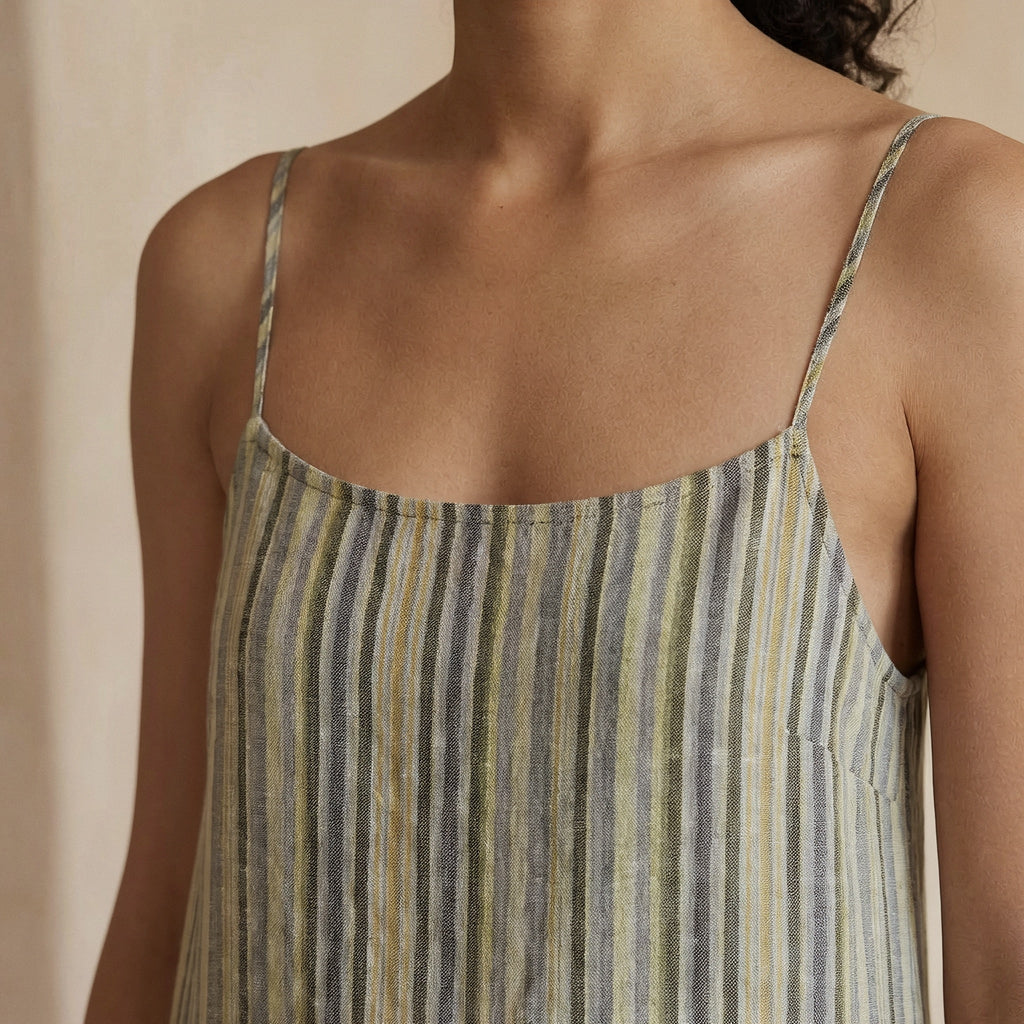 Multicolor Striped Handspun Cotton Drop-Waist Camisole Maxi Tier Dress