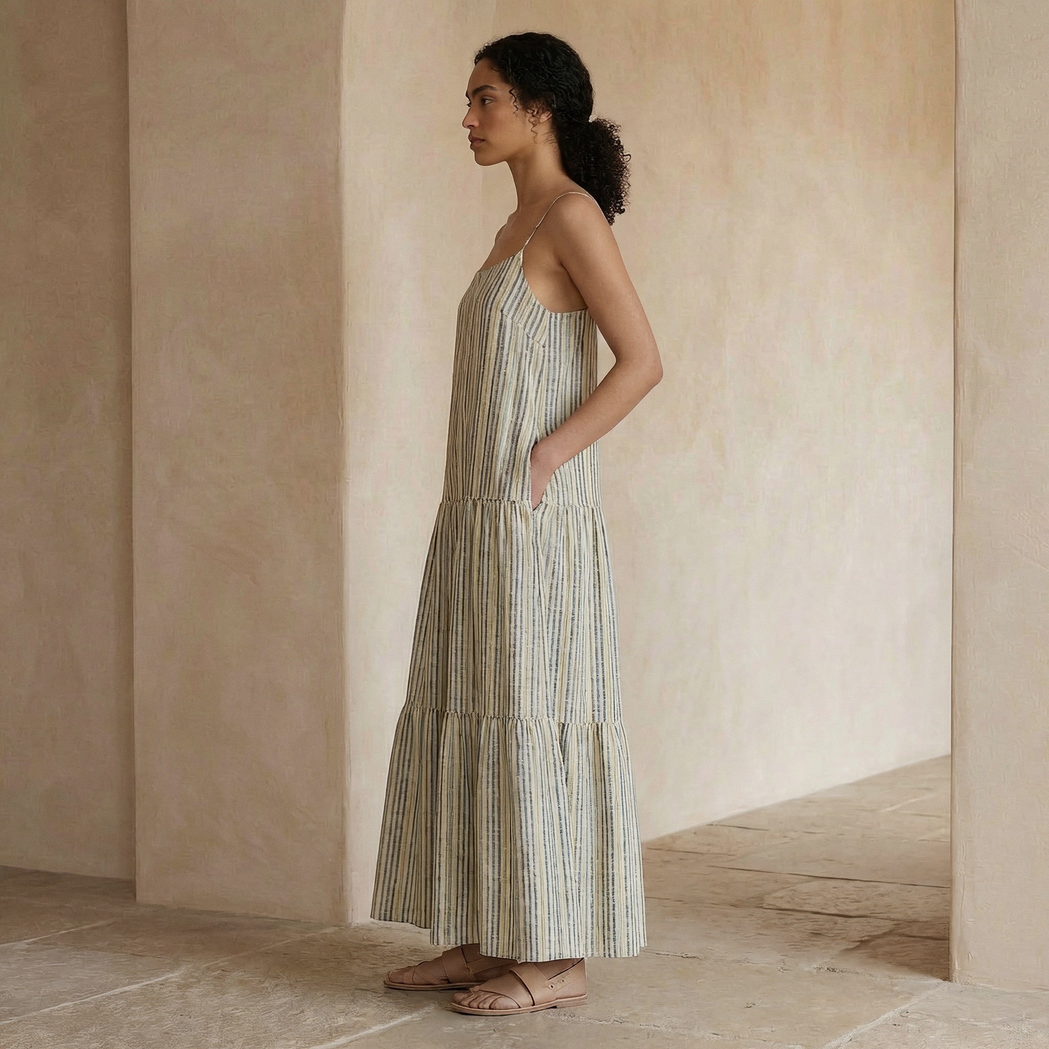 Multicolor Striped Handspun Cotton Drop-Waist Camisole Maxi Tier Dress