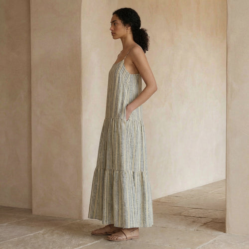 Multicolor Striped Handspun Cotton Drop-Waist Camisole Maxi Tier Dress