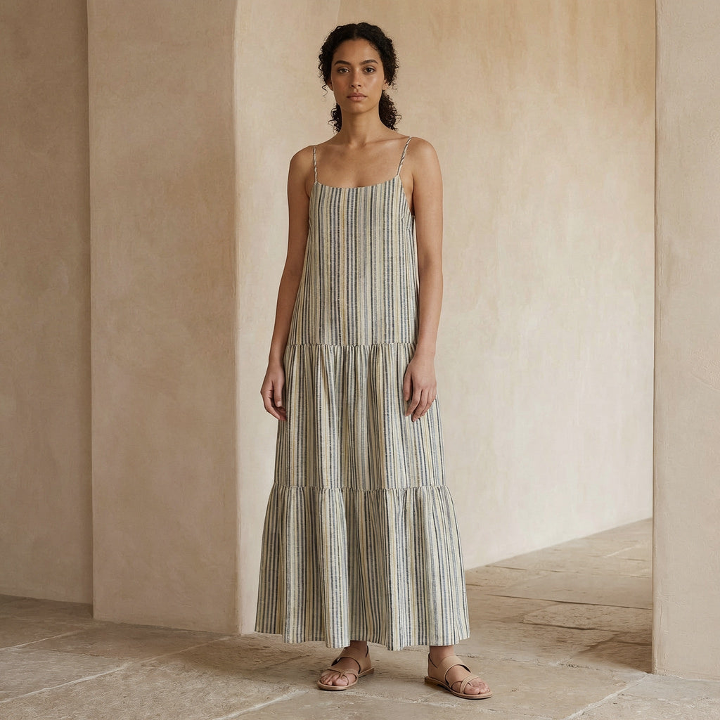 Multicolor Striped Handspun Cotton Drop-Waist Camisole Maxi Tier Dress