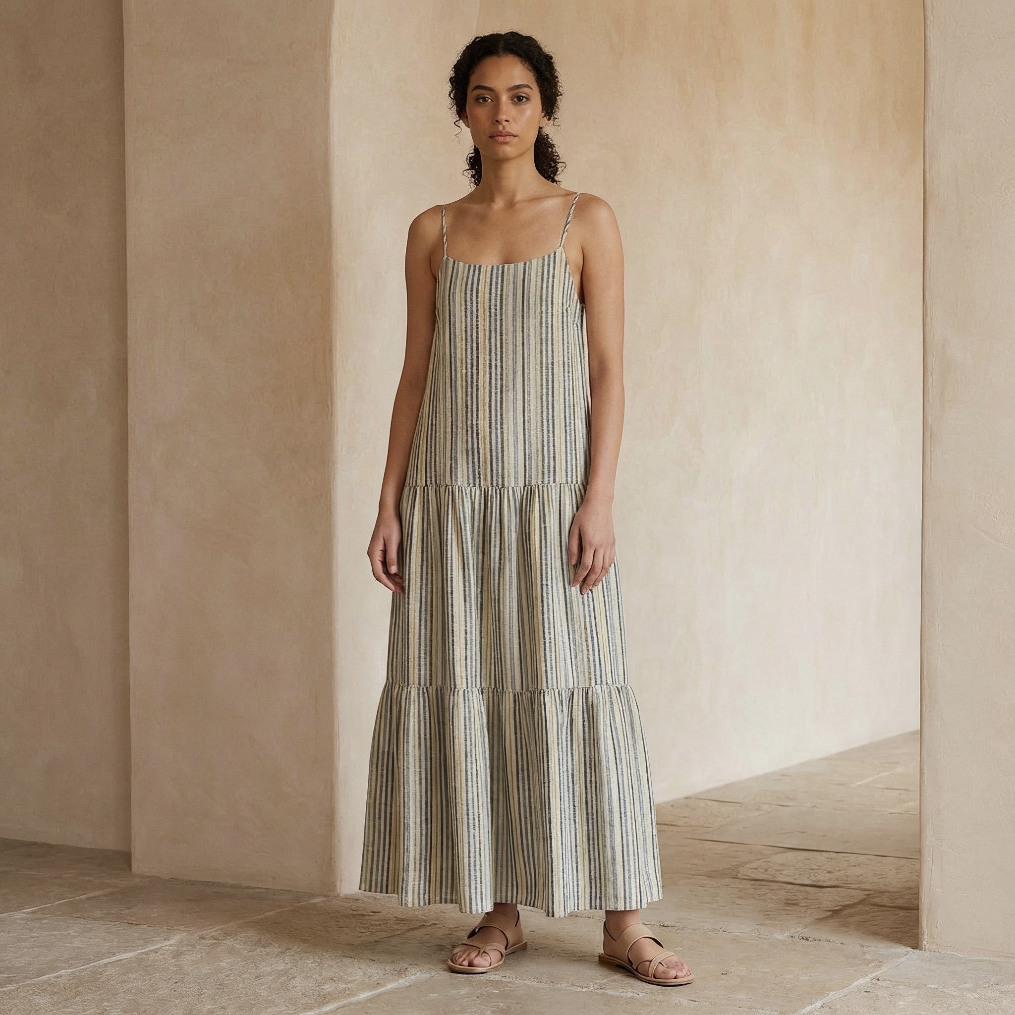 Multicolor Striped Handspun Cotton Drop-Waist Camisole Maxi Tier Dress