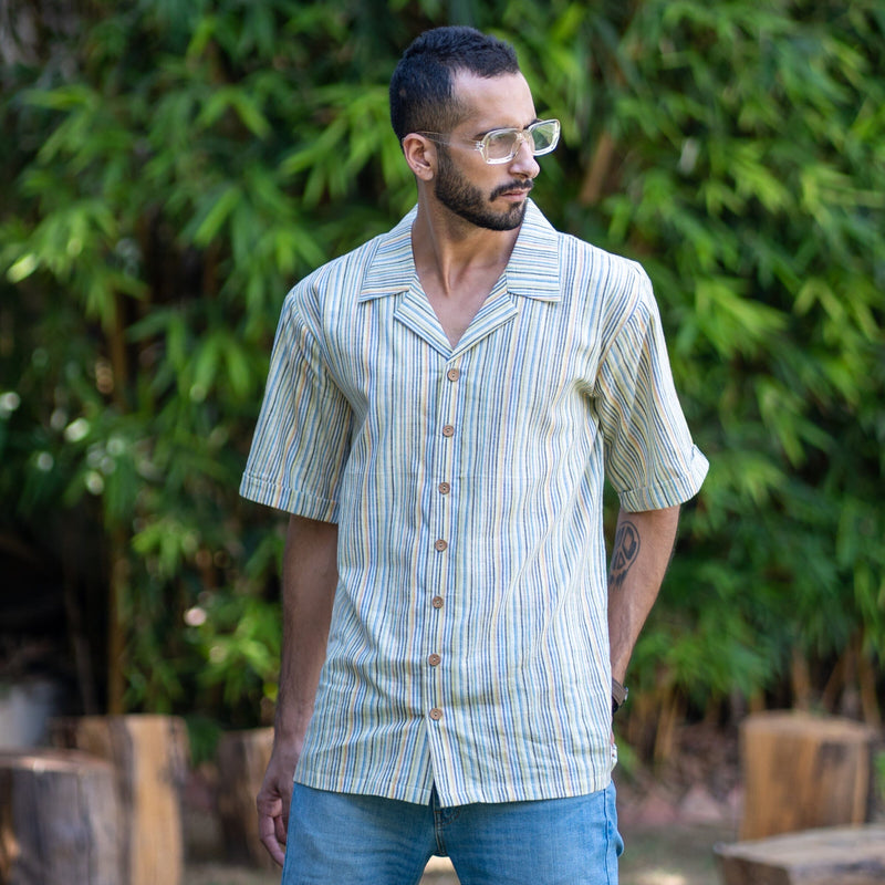 Multicolor Striped Handspun Cotton Half Sleeve Cuban Shirt