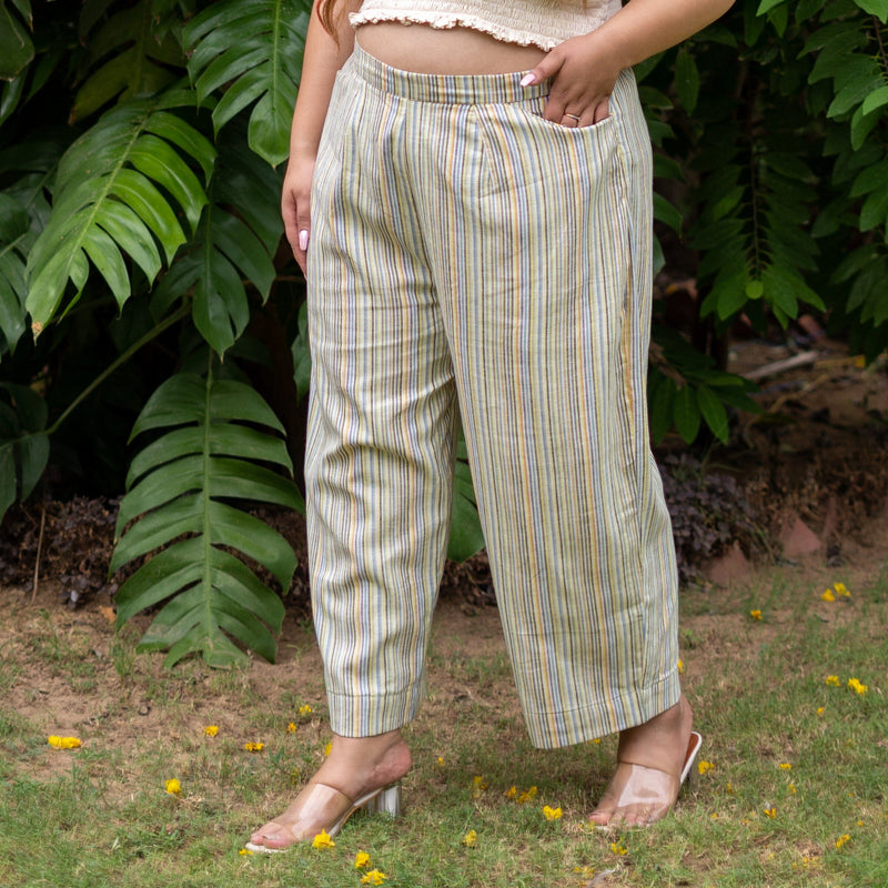Multicolor Striped Handspun Cotton High-Rise Elasticated Straight Pant