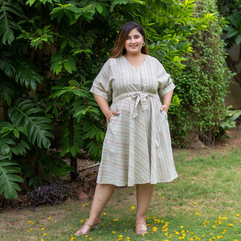 Multicolor Striped Handspun Cotton Knee Length Circular Dress